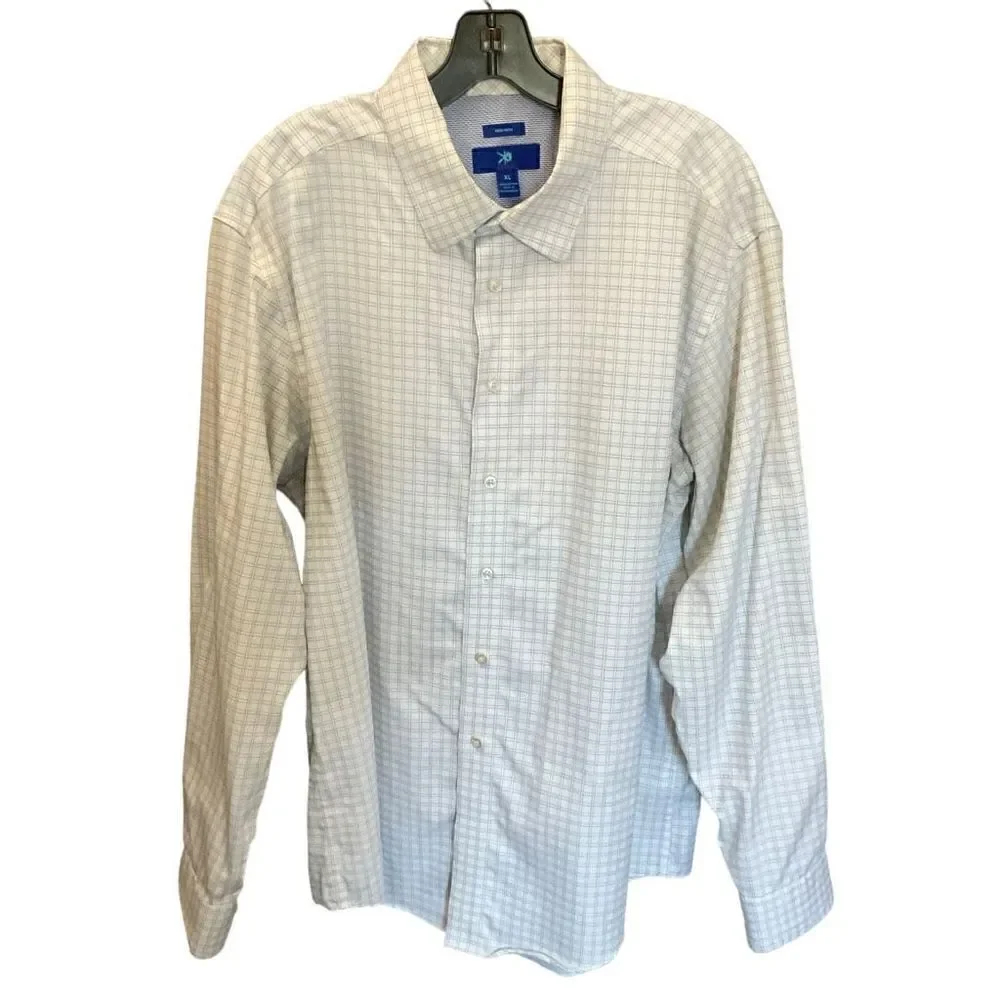 Egara Shirt Mens Button Down Cotton White Blue Square Print Non Iron Men Size XL